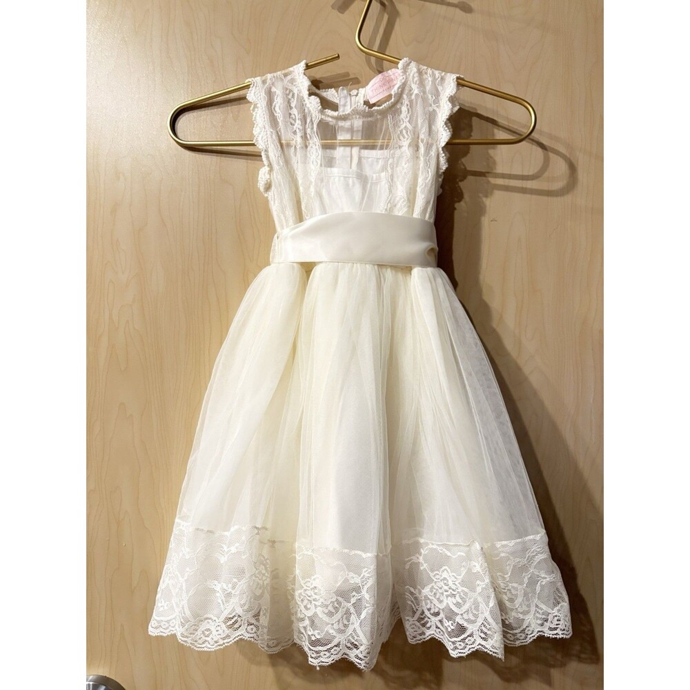 Think Pink Bows Girls Flower Girl Dress Ivory Lace Tulle Wedding Baptism 2 2T